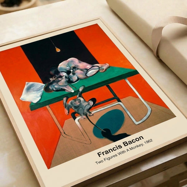 Distorted surreal poster featuring intertwined figures and a monkey rendered in an expressive abstract style with bold reds and muted earth tones creating visual tension.