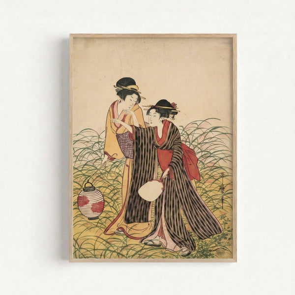 Elegant ukiyo-e style poster showing two geisha figures in detailed kimono patterns holding a lantern, featuring traditional woodblock art in warm cream and deep black with red and gold accents.