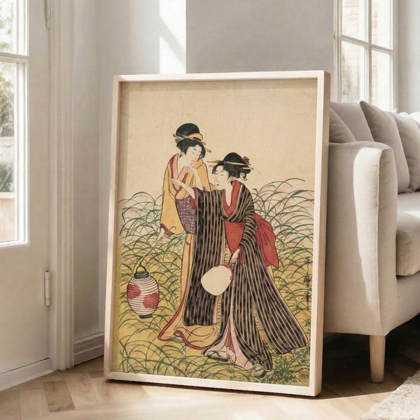 Traditional Japanese woodblock-inspired poster featuring two graceful geisha in elaborate kimonos with a lantern, captured in an elegant cream, black, red, and gold color scheme.