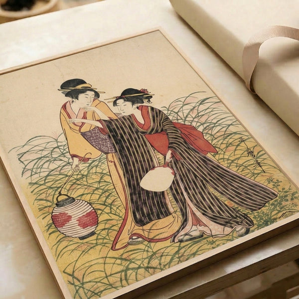 Japanese woodblock-style wall art of two elegant geisha in ornate kimonos tending a lantern in a grassy setting, composed in a harmonious palette of cream, black, red, and green.