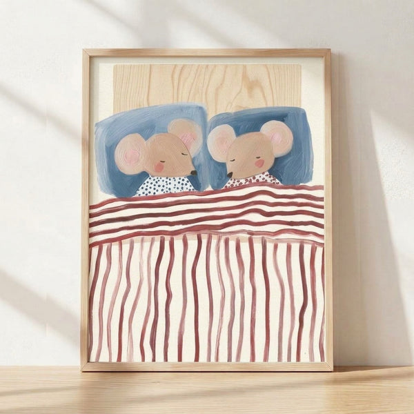 Watercolor painting of two mice sleeping peacefully in a cozy bed with soft blue blankets and pillows, rendered in whimsical cottagecore style with delicate line work.