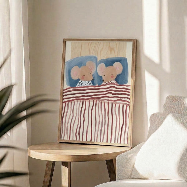 Whimsical watercolor illustration of mice resting together in bed surrounded by soft blue and burgundy tones, capturing a serene and cozy bedroom mood.