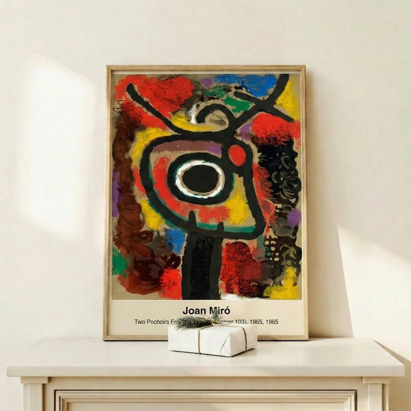 Contemporary abstract poster displaying organic shapes and bold black strokes with earthy rust and ochre palette in contemplative surrealist style.