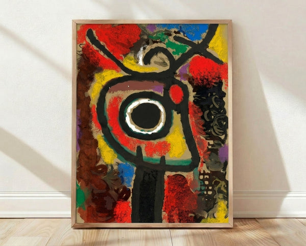 Abstract pochoir art print featuring organic biomorphic shapes in red, blue, and black on cream background, inspired by Miró's Cartones series from 1965.