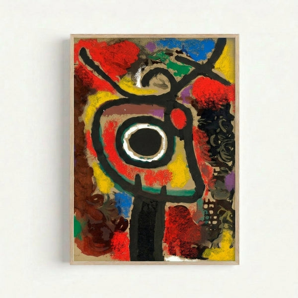 Framed surrealist poster displaying playful geometric and curved forms in primary colors with a modernist aesthetic typical of mid-century abstract design.