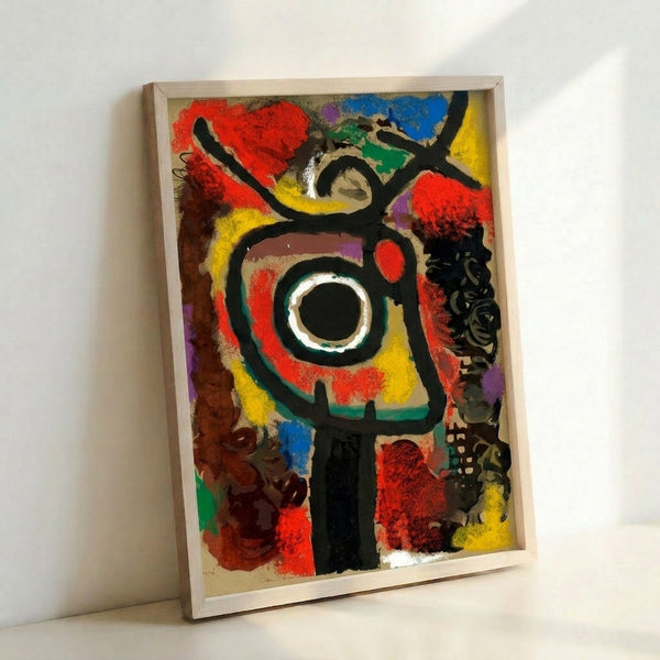 Pochoir art print with bold red and blue abstract motifs and flowing organic lines against a neutral background, characteristic of 1960s avant-garde printmaking.