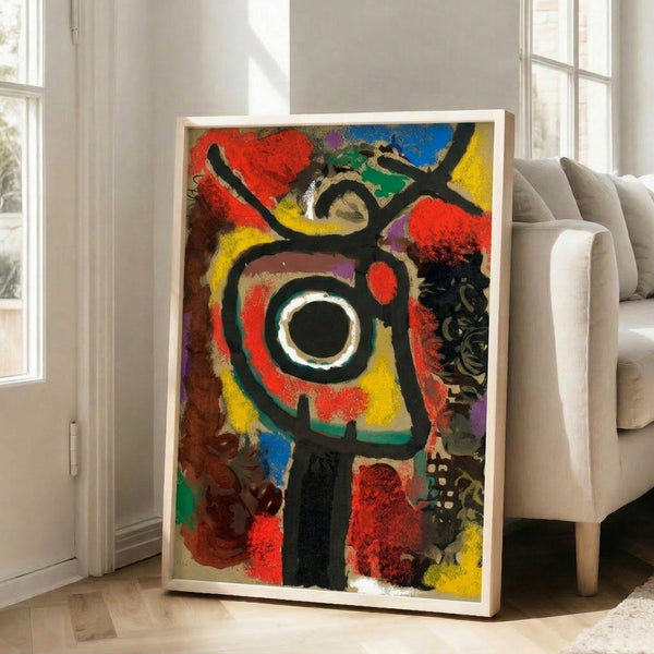 Abstract wall art featuring interlocking biomorphic shapes in vibrant primary colors and black, creating a dynamic surrealist composition on pale ground.
