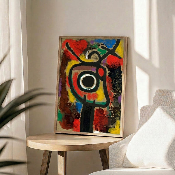 Surrealist art print displaying organic curved shapes and abstract symbols in bold color blocking, reflecting mid-century abstract expressionist influence.