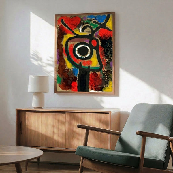 Contemporary framed poster featuring abstract pochoir design with fluid biomorphic forms in red, cobalt blue, and black against light neutral background.