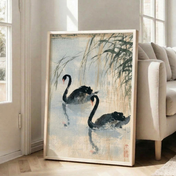 Serene Japandi art print featuring a contemplative black swan among sage green willow fronds, executed in traditional ink wash technique with soft gray and cream palette.