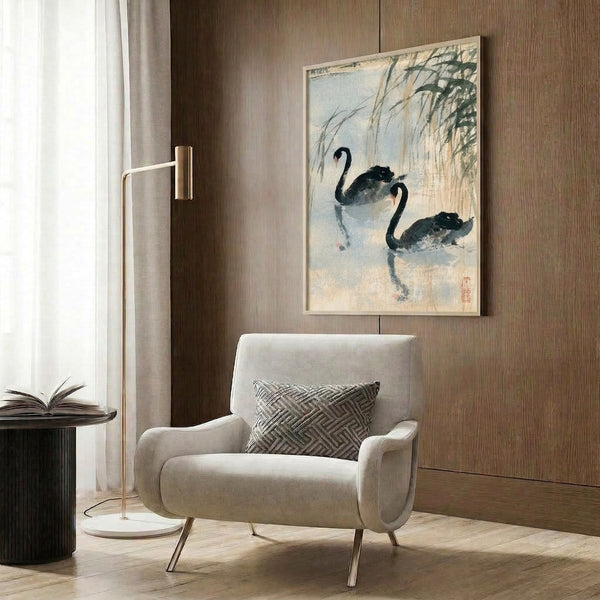 Naturalistic ink painting of a graceful black swan swimming beneath drooping willow, done in minimalist Japanese style with muted blacks, grays, and pale blue accents on cream.