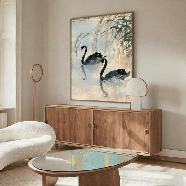 Black swan among willow branches rendered in contemplative Japanese ink wash style, combining minimalist composition with soft sage green, gray, and pale blue tones for serene wall decor.