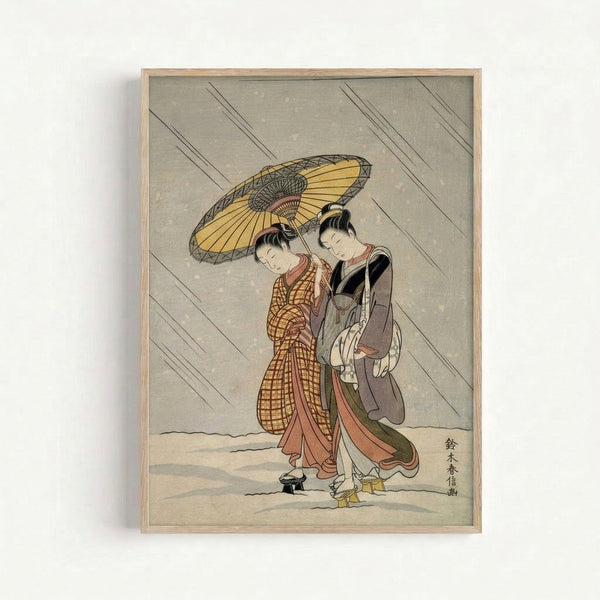 Graceful framed art print showing a woman in traditional Japanese dress beneath an umbrella during rainfall, featuring delicate woodblock style with olive green and warm earth color palette.