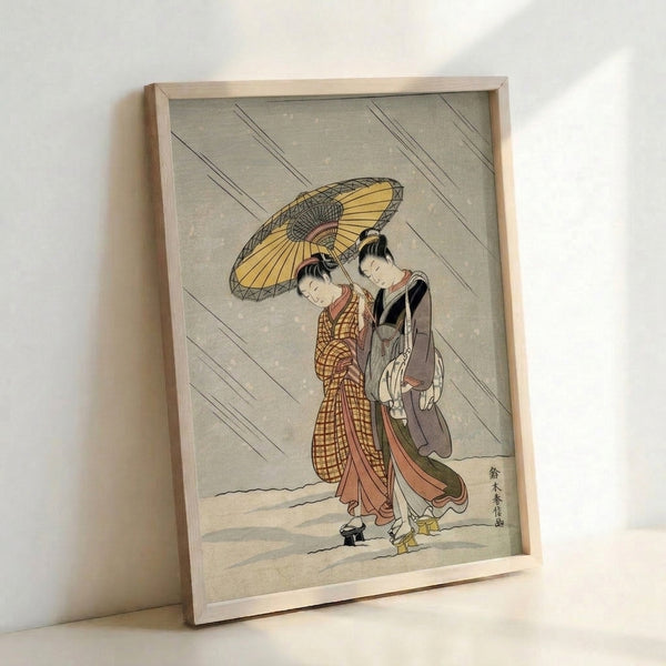 Japanese Japandi wall art featuring a geisha in a patterned kimono during a rainy scene, created in classic woodblock technique with cream, rust, and black accents evoking quiet elegance.