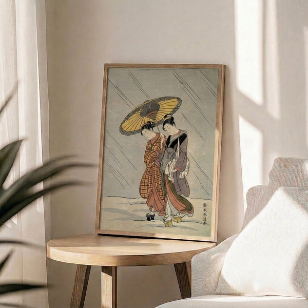 Delicate Japanese woodblock-inspired poster of a woman in ornate kimono holding an umbrella amid rainfall, featuring warm cream and rust tones against black details in peaceful composition.