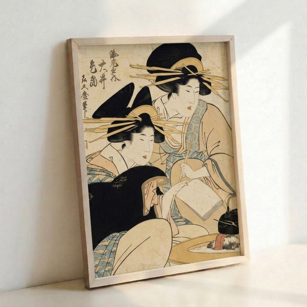 Japanese woodblock wall art displaying two elegantly dressed geishas near a kettle, executed in cream, black, and soft blue with intricate ink details characteristic of Edo period printmaking.