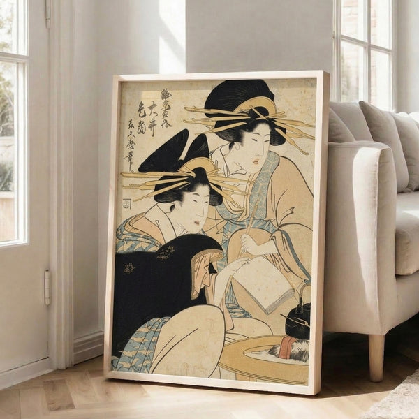 Japandi aesthetic poster featuring two geishas with a kettle rendered in traditional Japanese woodblock technique using cream, pale blue, and black with refined gold accents.