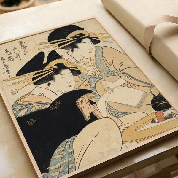 Traditional Japanese art print with two geishas, a kettle, and calligraphic ink brushwork in cream, black, and gold palette creating serene, refined wall décor.
