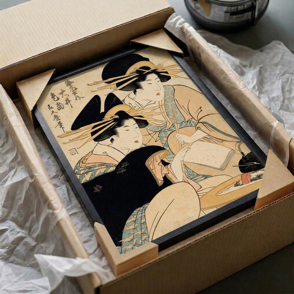 Ukiyo-e style framed poster showing two geishas beside a kettle in sophisticated cream, pale blue, and terracotta tones with elegant black ink linework and gold details.