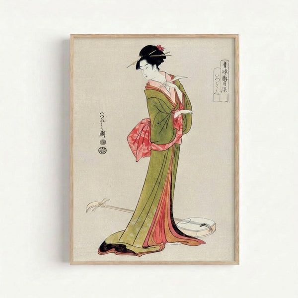 Serene portrait of a geisha in traditional dress playing a shamisen, depicted in classical Japanese woodblock art with a palette of muted olive, coral, and cream against black linework, framed as wall art.