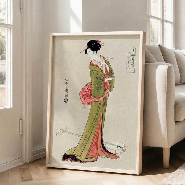 Japandi wall art showing a contemplative geisha in elaborate kimono dress with coral pink and olive green patterns, hair adorned with ornamental pins, rendered in authentic Japanese woodblock print technique.
