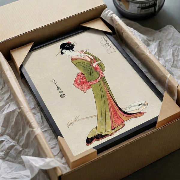 Graceful geisha figure in ornate kimono playing shamisen, depicted as a framed Japanese woodblock art print with a refined palette of coral pink, olive green, cream, and gold on black.