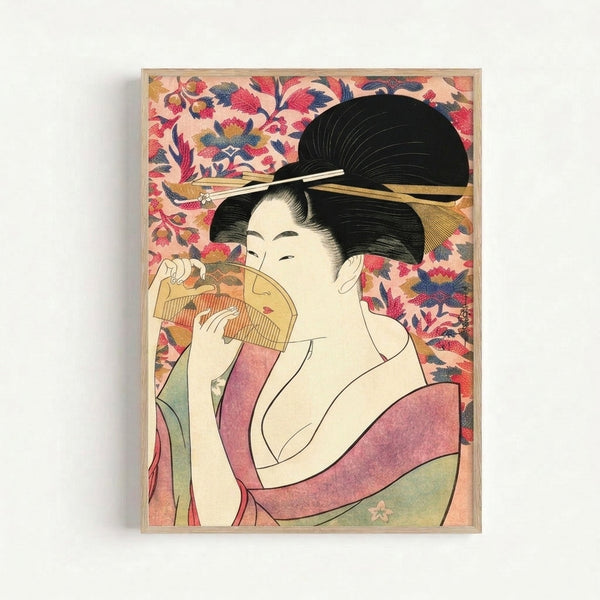 Elegant portrait of a geisha adorned with flowers, displayed as a framed art print in muted mauve and cream palette with gold accents in classic Showa-era woodblock aesthetic.