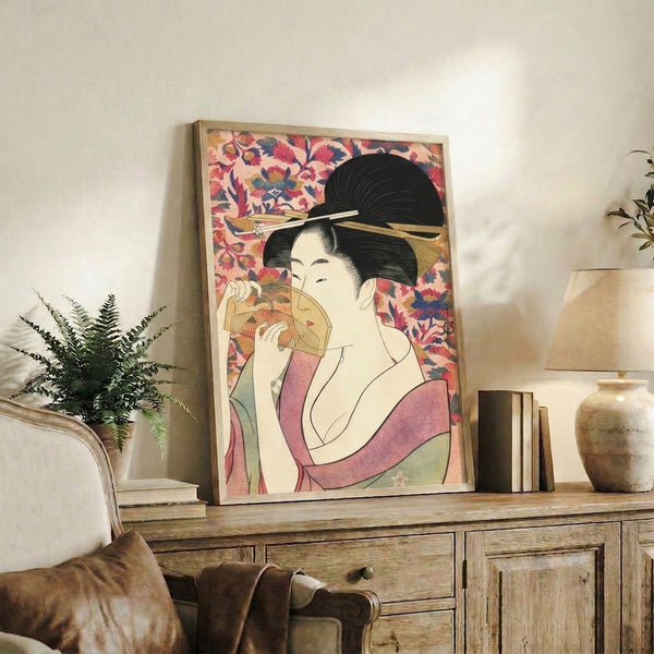 Refined geisha figure in ornamental kimono with fan motif, rendered in timeless Japanese woodblock style using sophisticated mauve, cream, and gold palette.