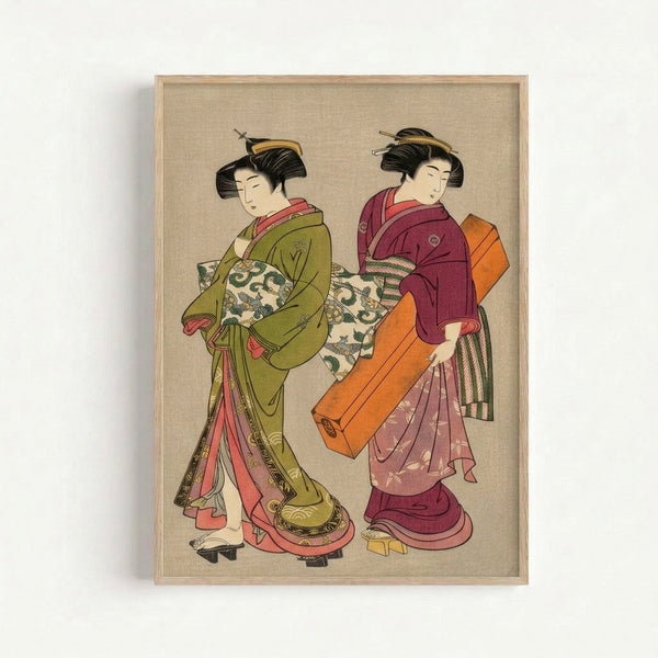 Vintage ukiyo-e artwork showing two contemplative geishas adorned in patterned robes of cream, orange, and burgundy hues, displayed as a framed wall print in classic Japanese woodblock aesthetic.