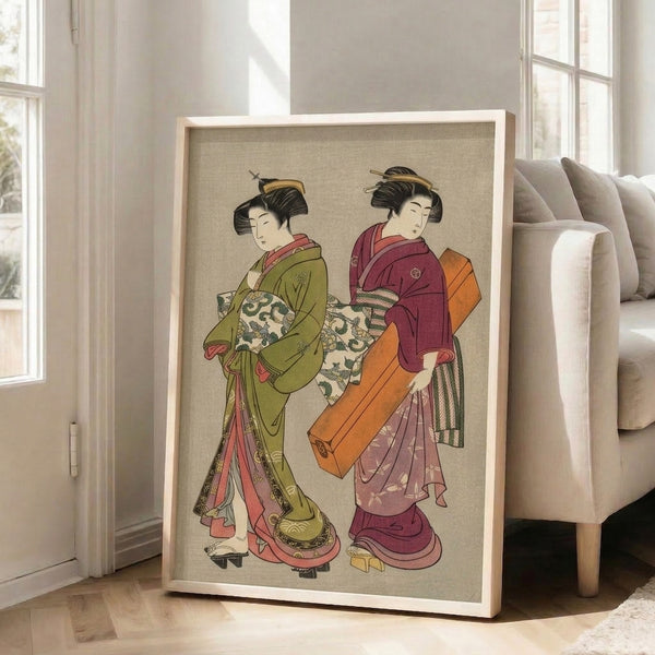 Elegant Japanese woodblock print of two geishas wearing ornate patterned robes in soft burgundy, olive green, and pink, evoking the contemplative mood of vintage ukiyo-e wall art.