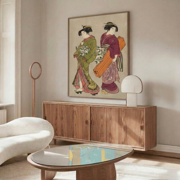 Two contemplative geishas dressed in ornate patterned robes of cream, burgundy, and olive displayed as a framed Japanese woodblock print with elegant vintage ukiyo-e artistry.