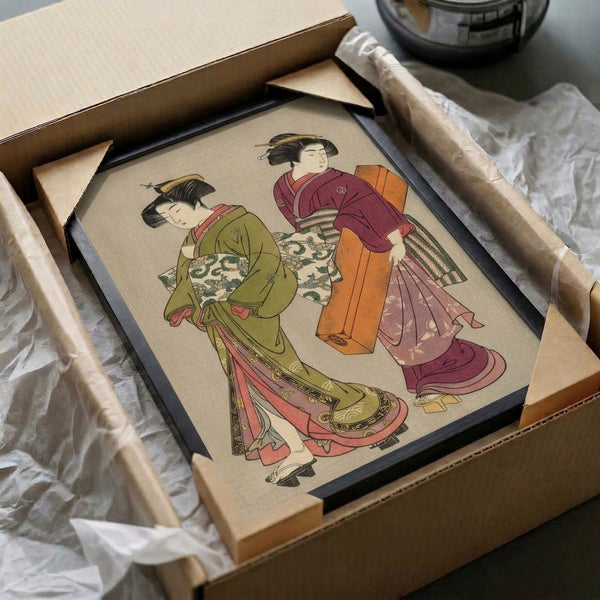 Serene Japanese woodblock poster art depicting two geishas in elaborate kimonos featuring rose pink, orange, and burgundy hues, rendered in traditional contemplative ukiyo-e style.