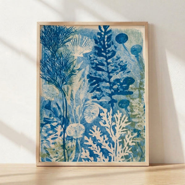 Framed cyanotype poster of a serene ocean reef scene with flowing jellyfish, kelp, and coral in deep blue and teal tones, rendered in Japanese woodblock style.