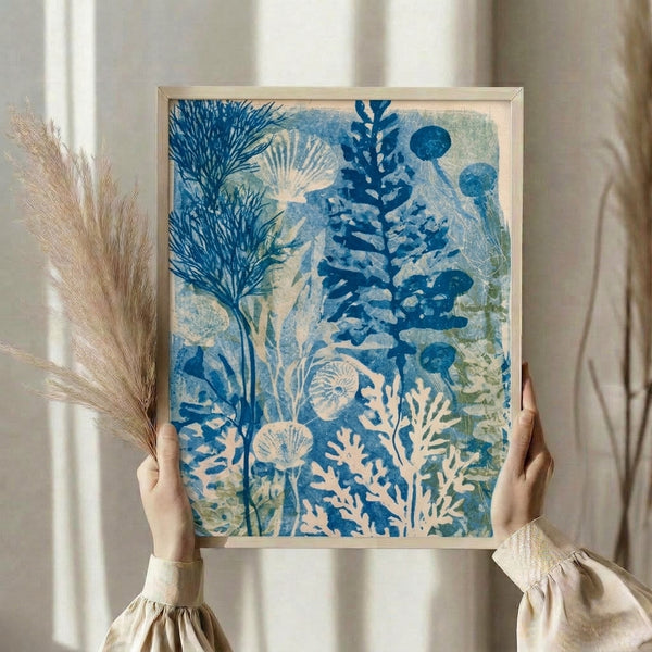 Japandi art print featuring delicate marine life including jellyfish and seaweed in pale blue and cream hues, evoking a meditative underwater garden.