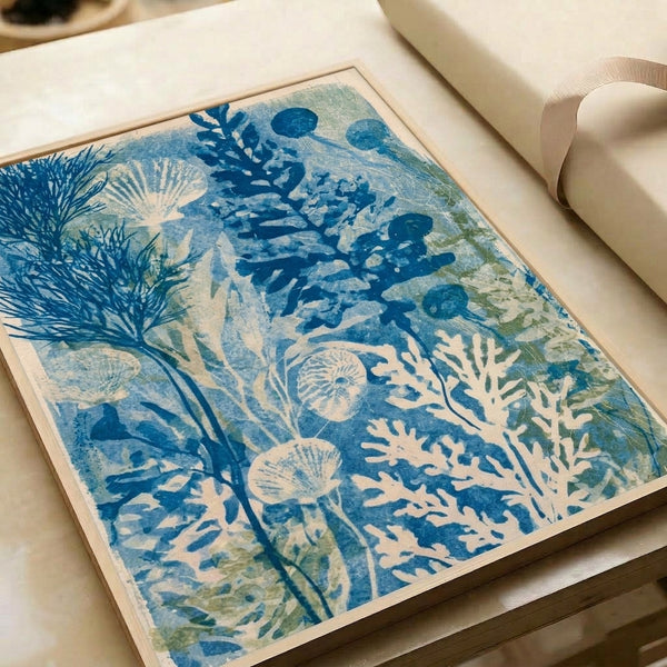 Serene framed marine poster showcasing jellyfish, coral, and aquatic plants in muted teal and cream tones with Japanese woodblock printing style.