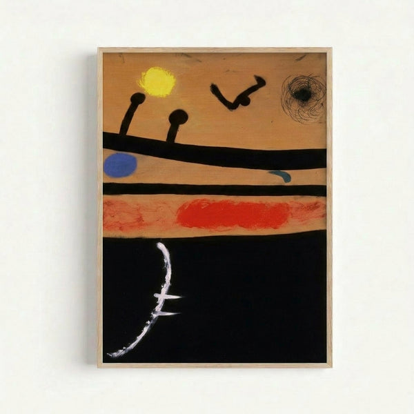 Framed contemporary abstract art print with playful curved forms and spontaneous line work in warm beige, ochre, and subtle accent colors against a light background.