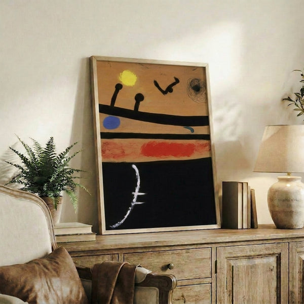 Surrealist abstract print with simplified biomorphic forms and spontaneous mark-making rendered in warm, subdued earth tones and cream backgrounds.