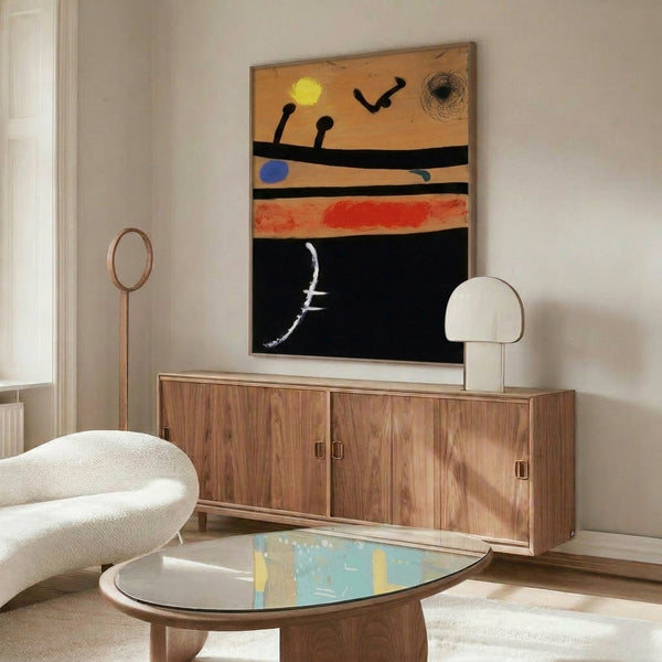 Contemporary abstract poster showcasing playful curved and angular forms with gestural elements in a sophisticated palette of muted warm tones.