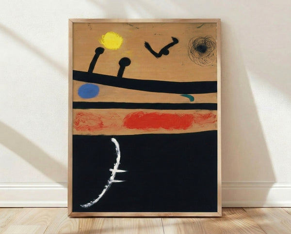 Abstract constellation artwork from 1978 with geometric shapes and celestial motifs in muted earth tones and black, framed poster on wall.