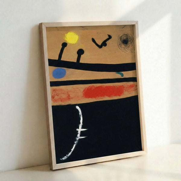 Modern abstract art print with delicate linear marks and floating shapes evoking a night sky scene in subdued colors.