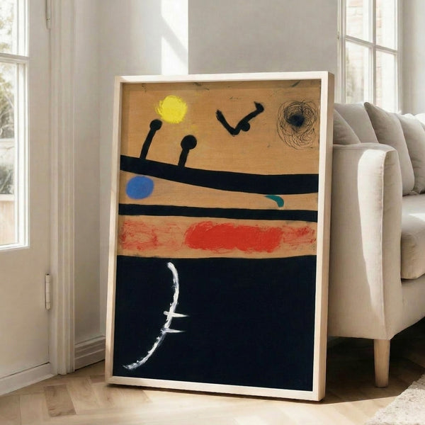 Framed abstract poster displaying playful geometric and biomorphic forms in muted tones, characteristic of mid-century modernism.