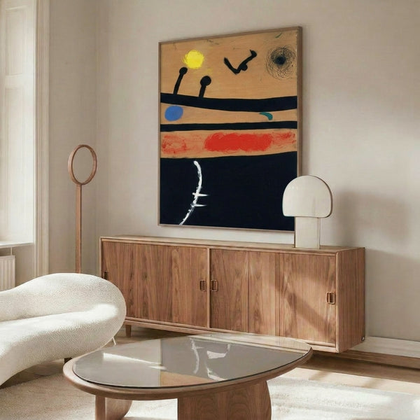 Contemporary minimalist wall art featuring abstract bird and celestial imagery in restrained color scheme with expressive mark-making.