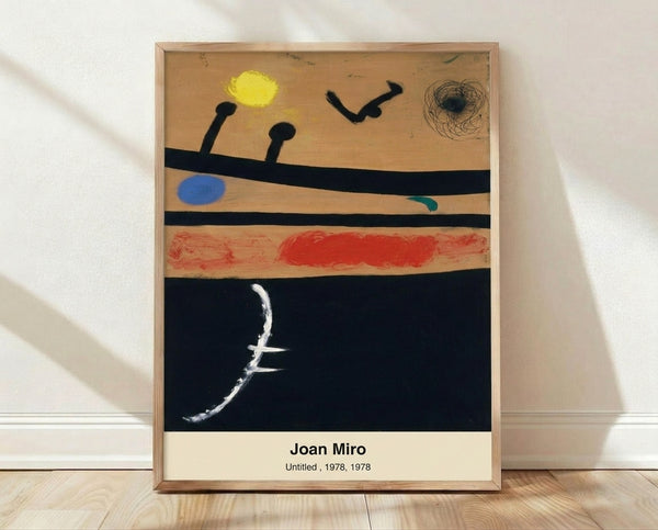 Abstract bird figure with celestial elements in cream, ochre, and black against a soft blue ground, evoking a Miro constellation composition with poetic, minimalist charm.