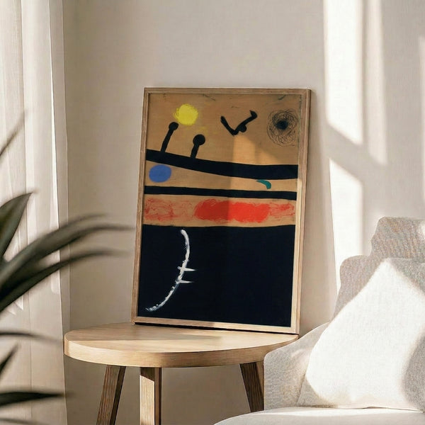 Framed surreal poster with an abstracted bird figure connected to celestial shapes in opal and cream, radiating poetic, contemplative energy in minimalist style.