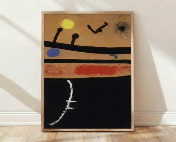 Abstract surrealist poster featuring playful geometric figures and symbols in bright primary colors—blue, red, and yellow—with black lines and white background, evoking whimsical modern artwork.