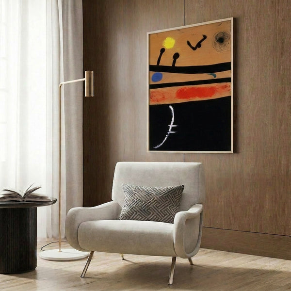 Modern framed poster showcasing abstract surrealist symbols and playful forms in bright primary colors and black, creating an energetic and imaginative composition.