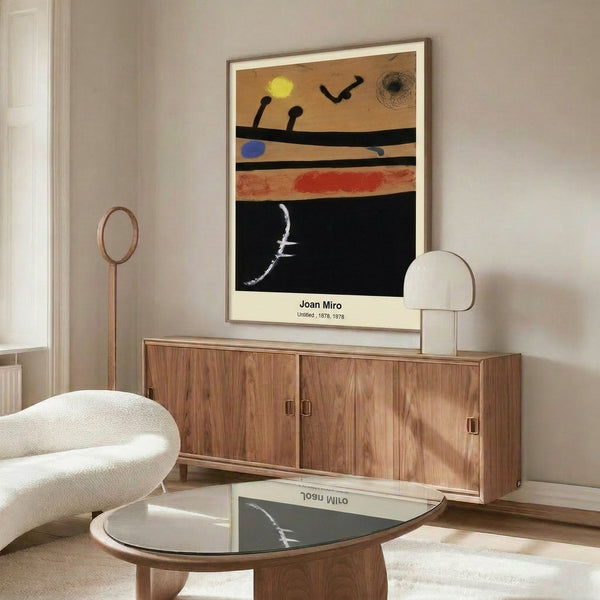 Surrealist abstract art print with dynamic geometric figures and symbolic elements in vibrant primary palette and black, expressing a joyful and contemporary artistic spirit.