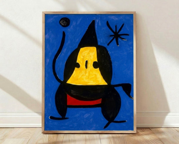Abstract blue figure composed of geometric shapes and organic forms in the style of early modernist cubism, framed poster on a wall.
