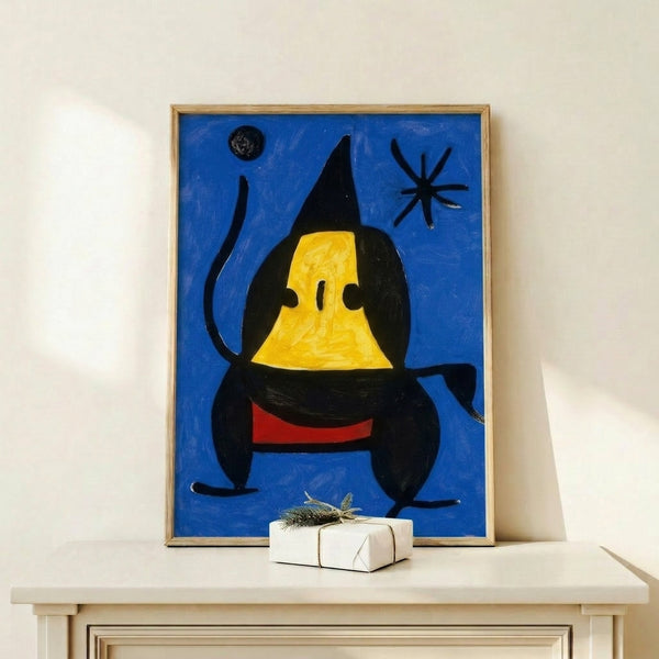 Framed abstract artwork showing a stylized blue figure with geometric planes and biomorphic elements in a modernist aesthetic.