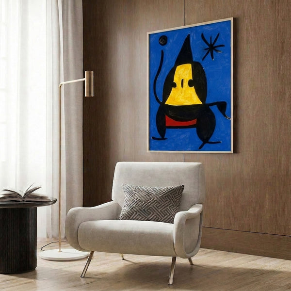 Abstract blue figural form constructed from simplified geometric and organic shapes, wall-mounted contemporary art poster.